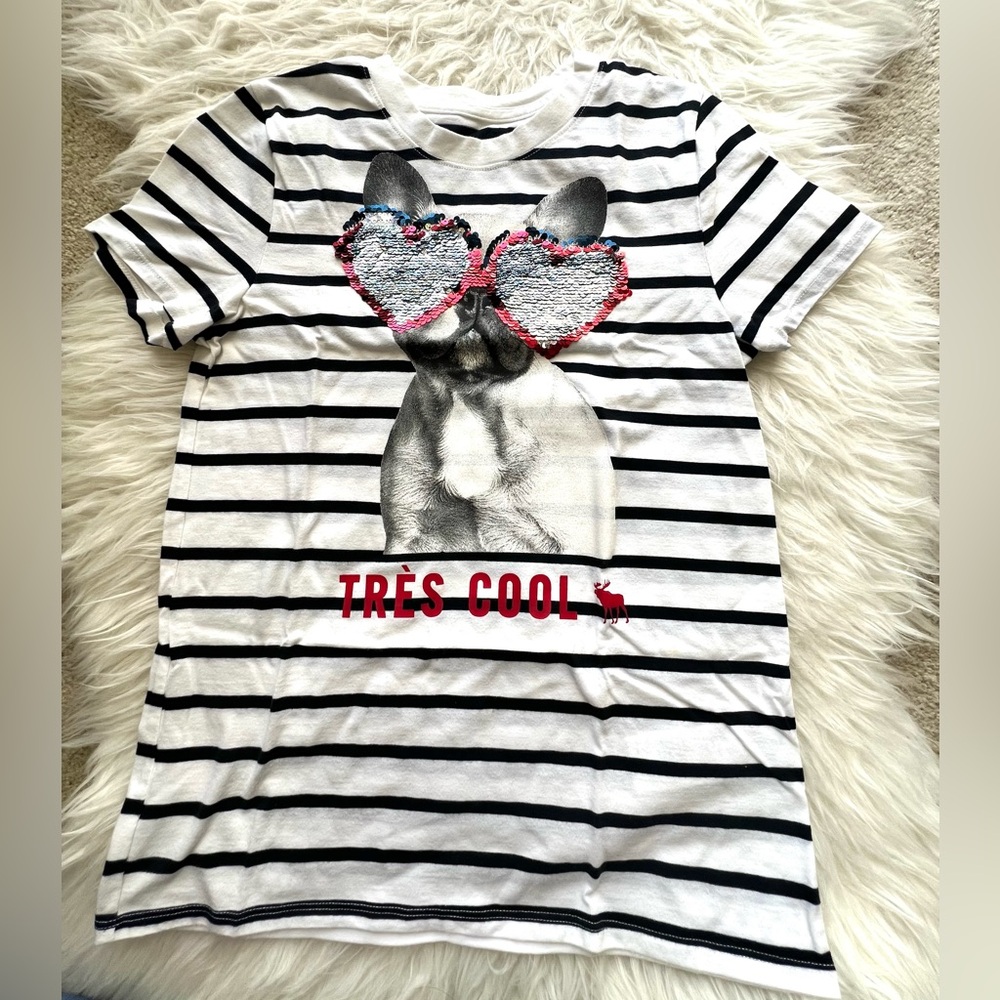 Y2K Abercrombie & Fitch Kids Unisex Black Strips French Bulldog T Shirt Sz 13/14